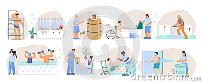 Water Procedures Compositions Set Vector Illustration