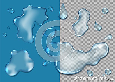 Water puddle set, vector isolated top view illustration. Realistic water splashes, droplets, liquid spills Vector Illustration