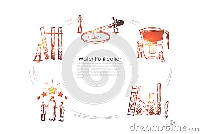 Water purification - devices for purification water pipette, flask, bottle, filter vector concept set Vector Illustration