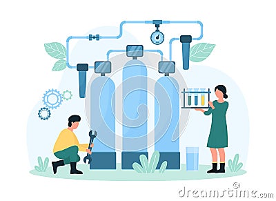 Water purification plant, tiny people test quality of drinking water purified in filters Vector Illustration