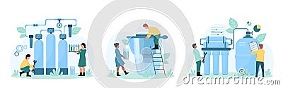 Water purification set, tiny people repair water treatment facility, test quality Vector Illustration