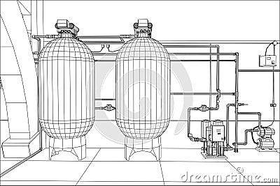 Water purification station. Industrial equipment. Tracing illustration of 3d Vector Illustration