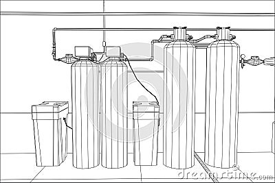 Water purification station. Industrial equipment. Tracing illustration of 3d Vector Illustration