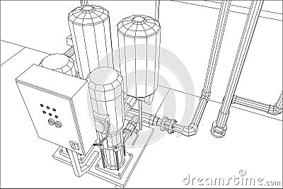 Water purification station. Industrial equipment. Tracing illustration of 3d Vector Illustration