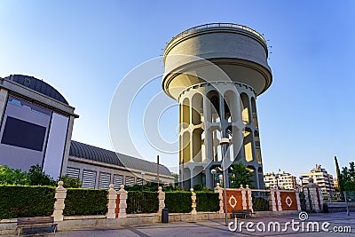 Water purification tower in Plaza Castilla in Madrid at dawn on a sunny day. Editorial Stock Photo