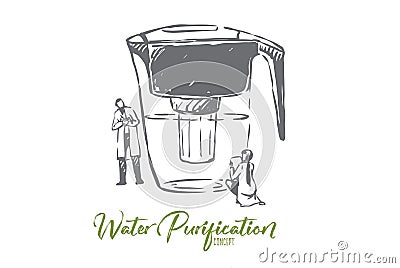 Water, purified, bottle, clean, filtration concept. Hand drawn isolated vector. Vector Illustration