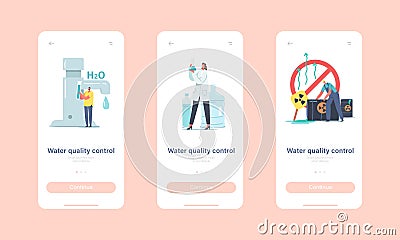 Water Quality Control Mobile App Page Onboard Screen Template. Characters Check Aqua, Scientist Look in Test Tube Vector Illustration