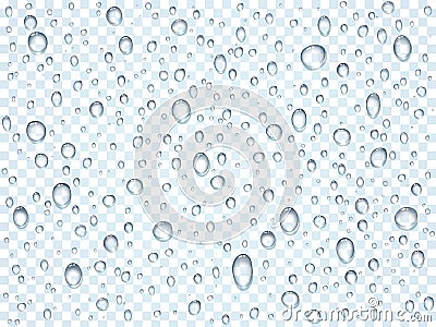 Water, rain, dew or splash shower drops isolated on transparent background. Pure droplets condensed on window glass Vector Illustration