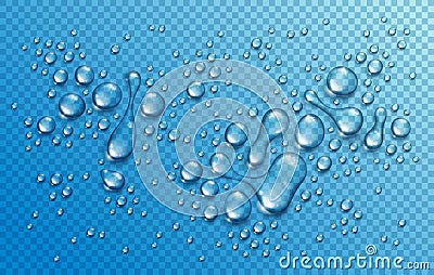Water rain drops or condensation in shower realistic transparent 3d vector composition over transparency checker grid, easy to put Vector Illustration