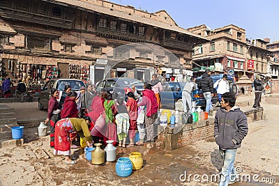 Water Rationing Scene, Bhaktapur, Nepal Editorial Stock Photo