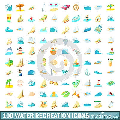 100 water recreation icons set, cartoon style Vector Illustration