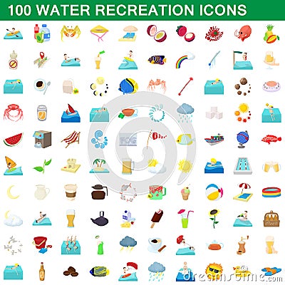 100 water recreation icons set, cartoon style Vector Illustration