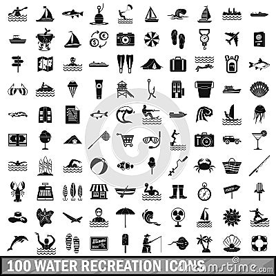 100 water recreation icons set, simple style Vector Illustration