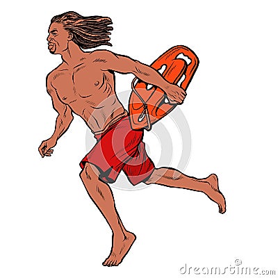 Water rescuer Hawaiian man runs to the aid of drowning man Vector Illustration