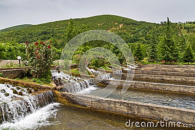 Aquaculture fish farming, mountain in the background, Albania Stock Photo