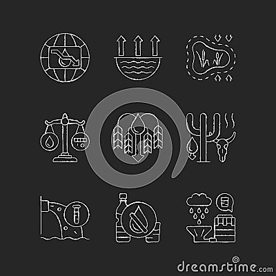 Water resources lacking chalk white icons set on dark background Vector Illustration