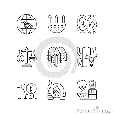 Water resources lacking linear icons set Vector Illustration