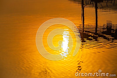 Water ripple circle on the surface of lake water with reflection of wooden pavilion at sunset or evening time. Stock Photo