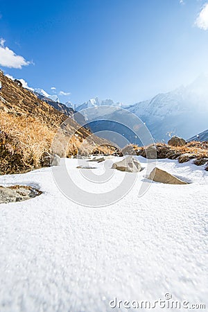 Water in the river become to be ice on top of Annapurna base cam Stock Photo