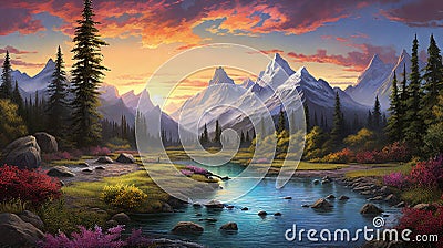 The river reflects the sky , surrounded by trees and mountains . Generative AI Stock Photo