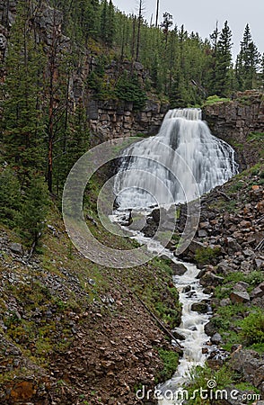 Water Rushes Over Rustic Falls in Yellowstone Stock Photo