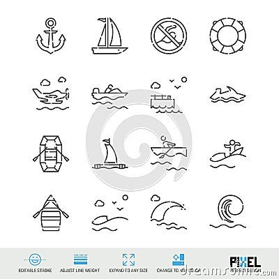 Water safety and watercraft related vector line icon set Vector Illustration