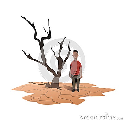 Water scarcity concept. An African man stands next to a withered tree on the cracked earth. Drought, crop failure Vector Illustration