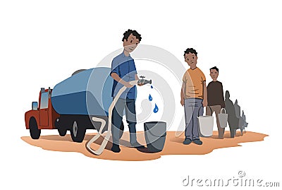 Water scarcity concept. African people stand in line for water. The water truck. Vector illustration isolated on white Vector Illustration