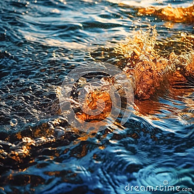 Water of the sea or ocean with reflections of the sun. The ocean reflects the rays of the setting sun. Blue and orange Stock Photo