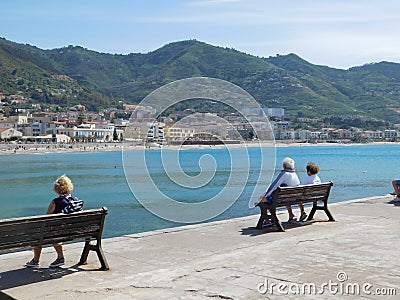 Water, sea, tour tourism, blue, scenic, flower, ocean, italian, seascape, sky, village, beach, cefalu, old, famous, nature, Editorial Stock Photo