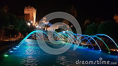 Water show, fountains in the Alcazar de los Reyes Cristianos de Cordoba on a summer night. Editorial Stock Photo