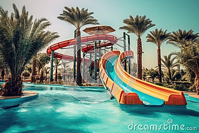 Water slides in the water park. Generative AI technology Stock Photo