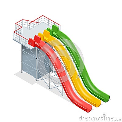 Water slides on a white background. Flat 3d isometric illustration. Water amusement park playground. Vector Illustration