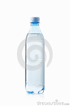 Water. Small plastic water bottle on white background Stock Photo