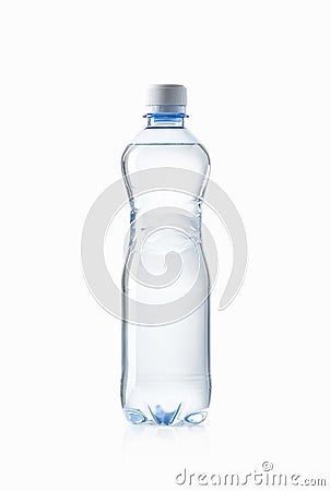 Water. Small plastic water bottle on white background Stock Photo