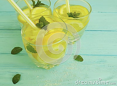 Water soda lemon organic , freshness health mint summer on a blue wooden background Stock Photo