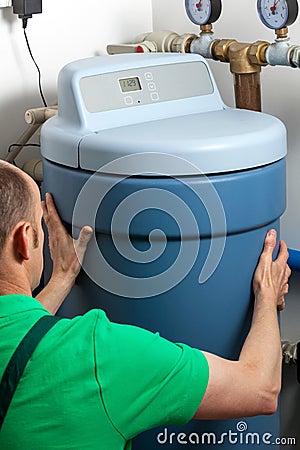 Water softener in boiler room Stock Photo