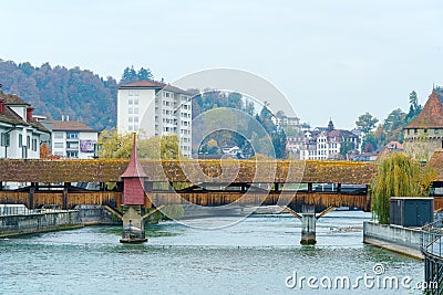 Water spike and Spreuer bridge, Lucerne, Switzerland Stock Photo