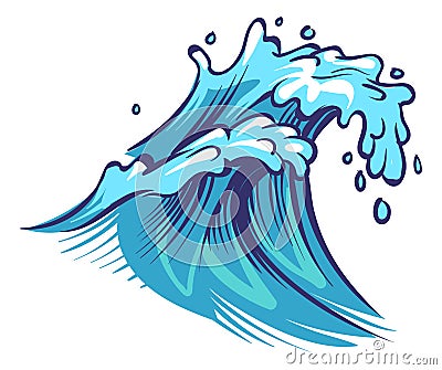 Water splash. Blue wave with big foam. Rushing stream Vector Illustration