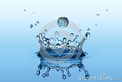 Water splash in crown shape and falling drop with earth image Stock Photo