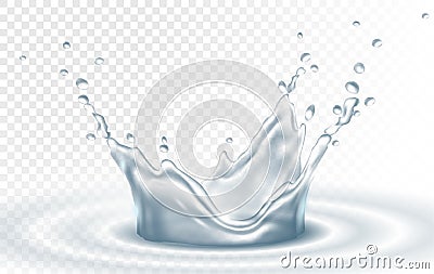 Water splash droplet aqua crown falling wave surface in light blue colors, isolated on transparent background. 3d Vector Illustration