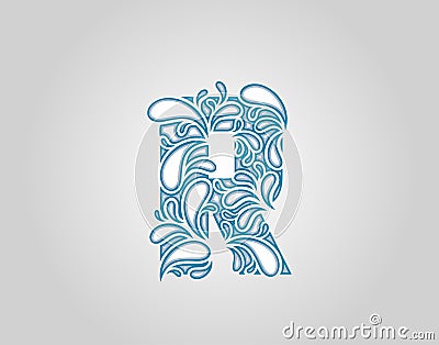 Water Splash, Initial R Letter Logo Icon, water droplets and splash doodle alphabet icon Vector Illustration