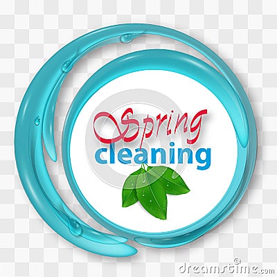 Water splash spring cleaning on transparent background. Services cleaning logo with green leaves. Vector Vector Illustration