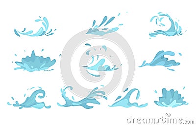 Water splashes collection blue waves wavy symbols Vector Illustration