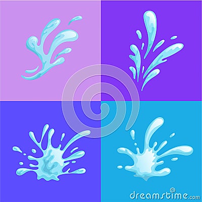 Water splashes on colorful backgrounds. Cartoon water waves in motion. Flat style vector Vector Illustration