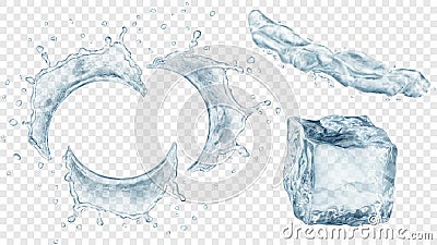 Water splashes and ice cube Vector Illustration