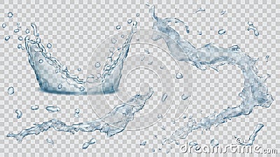 Water splashes, water drops and crown from splash of water. Tran Vector Illustration