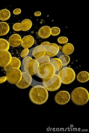 Water splashing on yellow sweet lemon slices isolated on black background. Macro. Close up Stock Photo