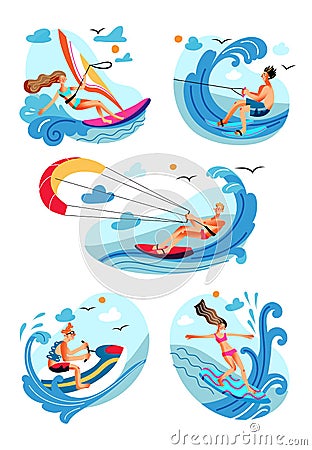 Water sport and active extreme recreation set Vector Illustration