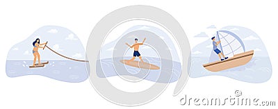 Water sport concept, Water skiing, surfing and sailing, active lifestyle, summer adventure, ocean wave, extreme sport, swim Vector Illustration
